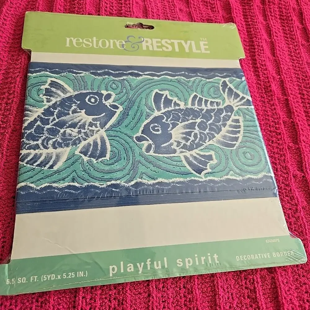 Wallpaper Border Prepasted Fish Ocean Waves Blue Aqua Unopened Packages 4 Avlb.